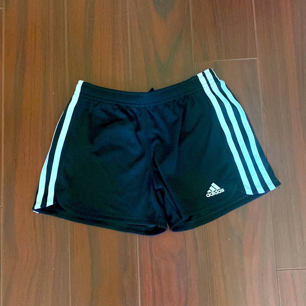 Adidas Girls black running shorts with white stripes